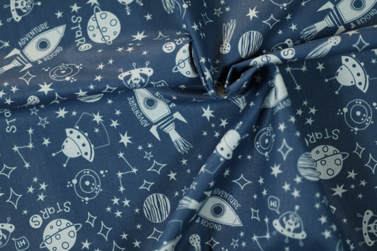 Elastischer Baumwollstoff Weltall Abenteuer – Blau mit weichem Griff