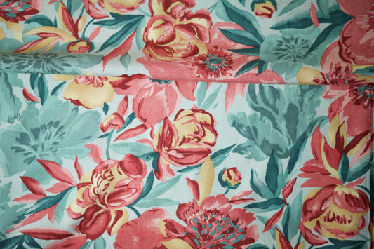 Viskosestoff – Blütenpracht in Koralle & Türkis – Viskosestoff mit Blumenmuster – weich und ideal für sommerliche Kleidung – Detailansicht