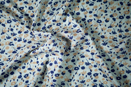 Viskosestoff – Beige & Marineblau Floral – Viskosestoff mit Blumenmuster, weich und fließend – Ideal für Sommerkleider