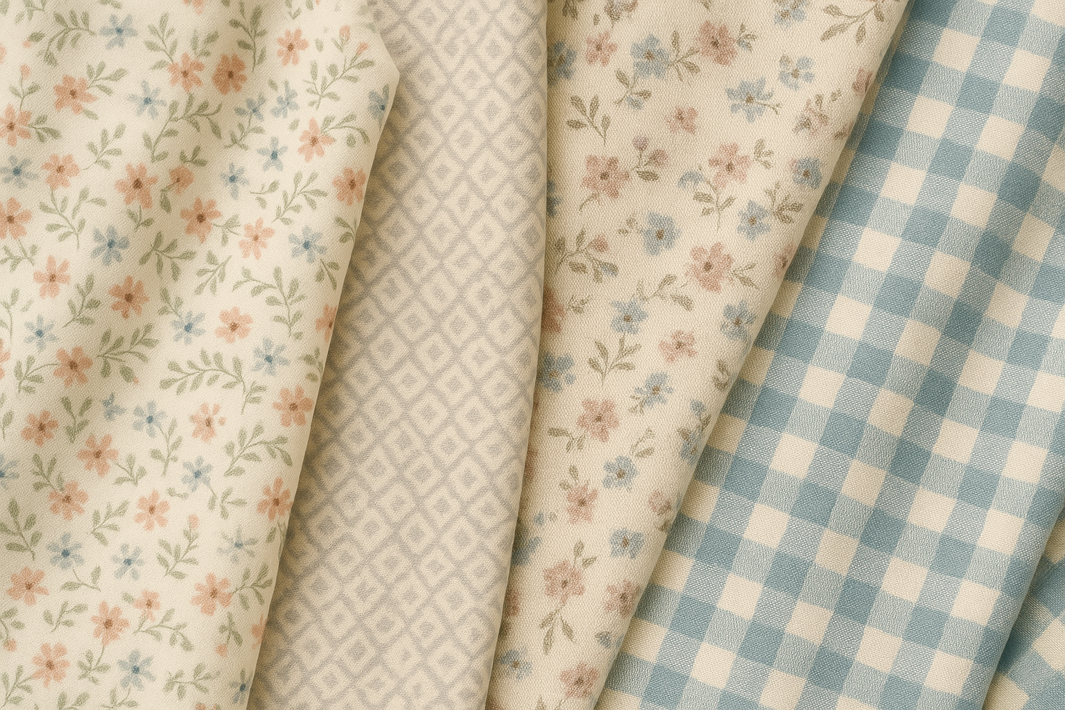 Vier Stoffe in zarten Designs: florale Muster, Karos & skandinavische Prints in Frühlingsfarben – ideal für Scandi- & Boho-Nähprojekte.
