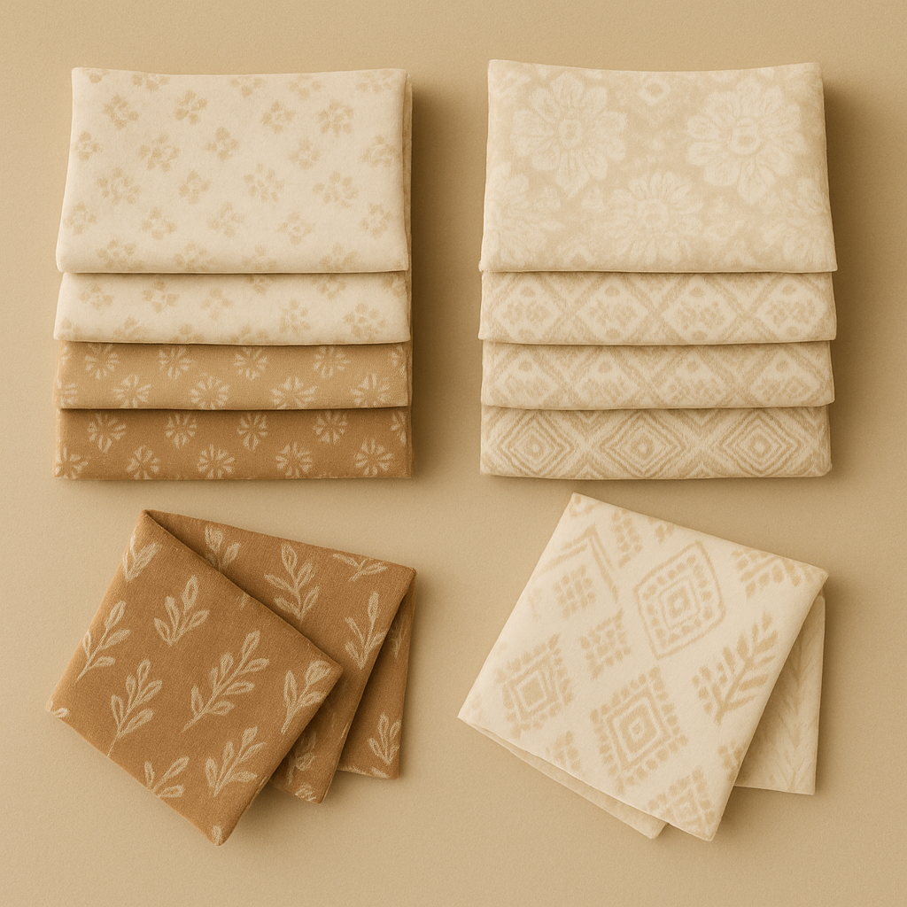 Boho-Stoffe in Naturtönen mit floralen und geometrischen Mustern – elegant gefaltet auf beigem Hintergrund, ideal für Mode, Dekoration und DIY-Projekte.