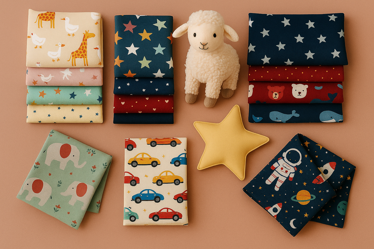 Bunte Kinderstoffe mit Tiermotiven, Sternen, Autos und Weltraumdesigns, kombiniert mit Plüschspielzeug und Sternkissen – ideal für Kleidung, Deko und DIY-Nähprojekte