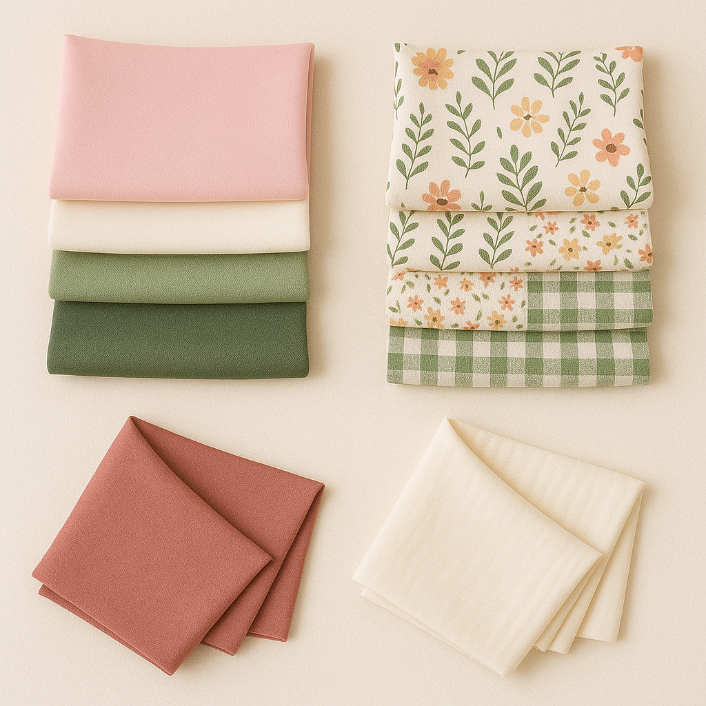 Frühlingshafte Stoffauswahl im Scandi-Stil mit zarten Naturtönen, floralen Mustern, Karos und Unis – ideal für Kleidung, Deko & DIY-Projekte.