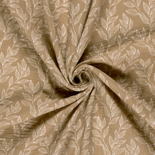 Musselin Stoff Blätter Beige – Weicher Baumwollstoff mit Print