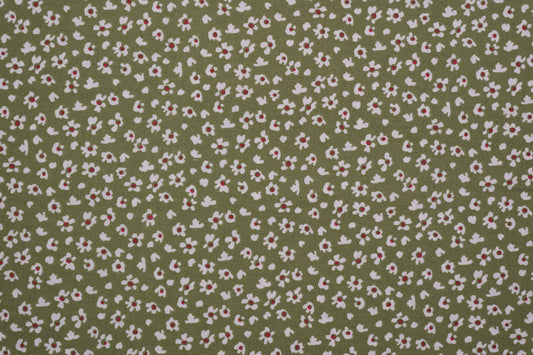 Baumwollstoff Mini-Blümchen Oliv – olivgrüner Baumwollstoff mit kleinen weißen Blumen