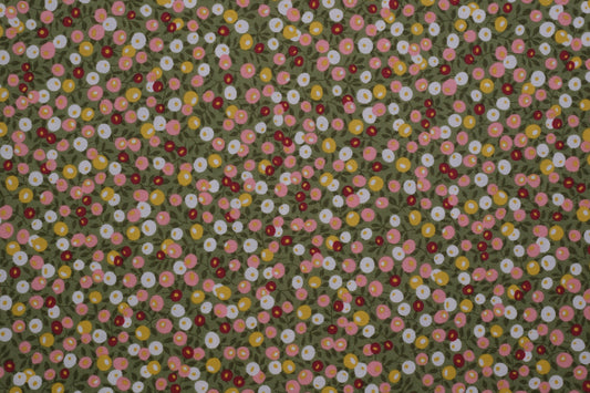 Baumwollstoff Ditsy-Blumen Oliv Bunt – Nahaufnahme des Musters metrware