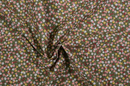 Baumwollstoff Ditsy-Blumen Oliv Bunt – olivgrüner Baumwollstoff mit buntem Streublumen-Muster