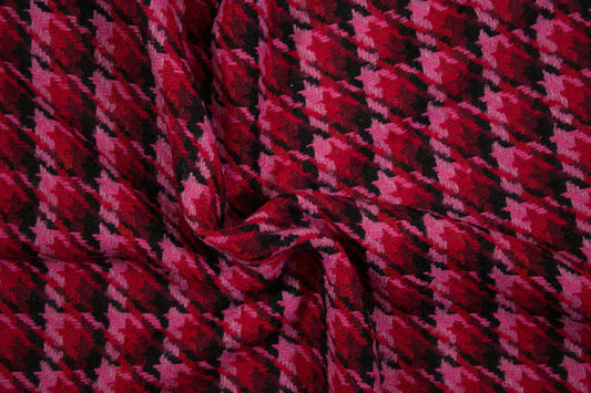 Wollmix Hahnentritt Stoff in Rot und Pink – warmer Mantelstoff mit klassischem Muster