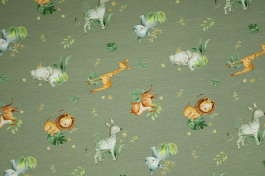 Kinderstoff mit süßen Safari-Tieren im Aquarell-Stil auf salbeigrünem Grund