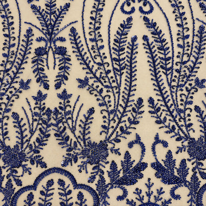 Perlenspitze Marineblau Damast – Musterrapport – Stoffeya
