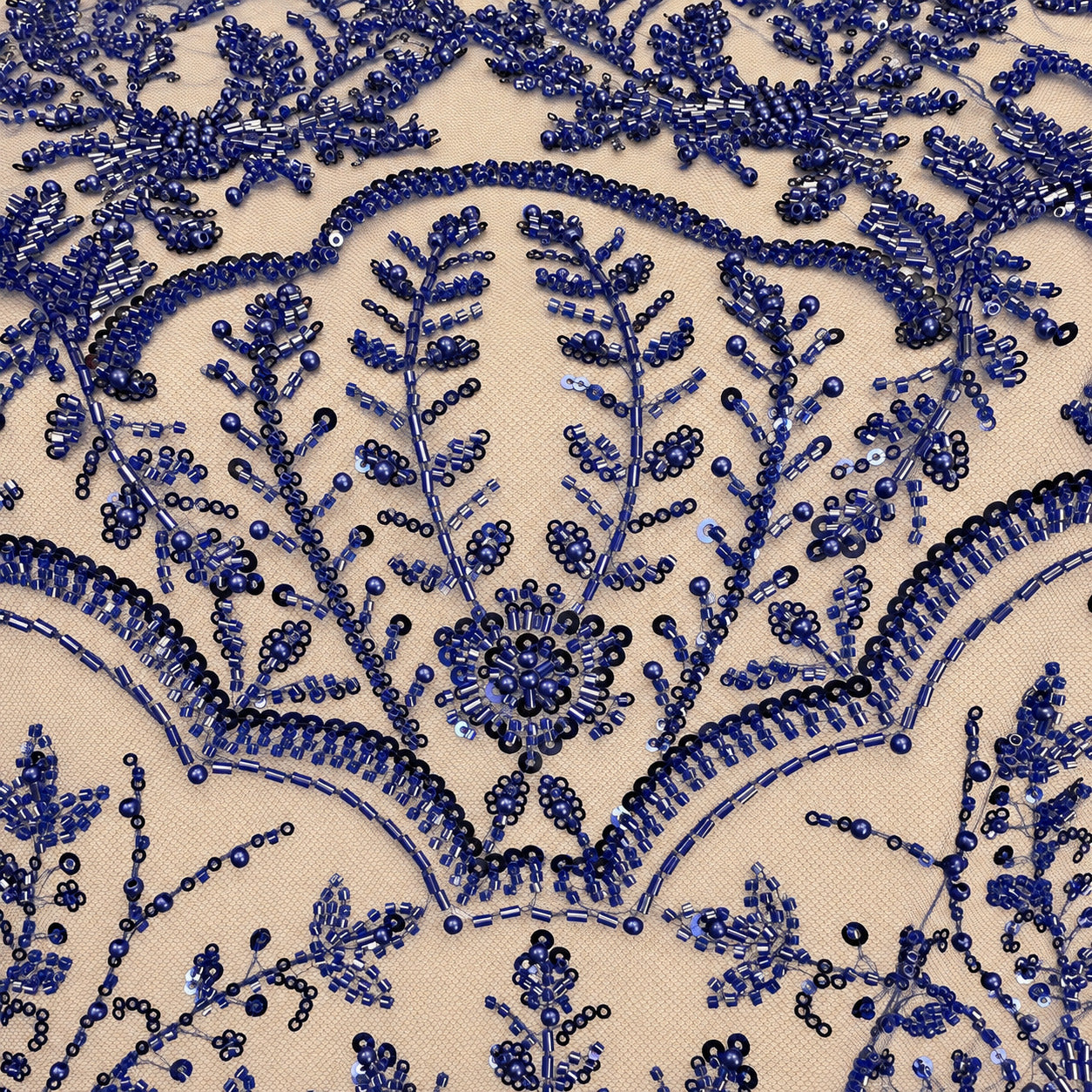 Perlenspitze Marineblau Damast – Ornament mit Bordure – Stoffeya