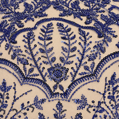 Perlenspitze Marineblau Damast – Ornament mit Bordure – Stoffeya
