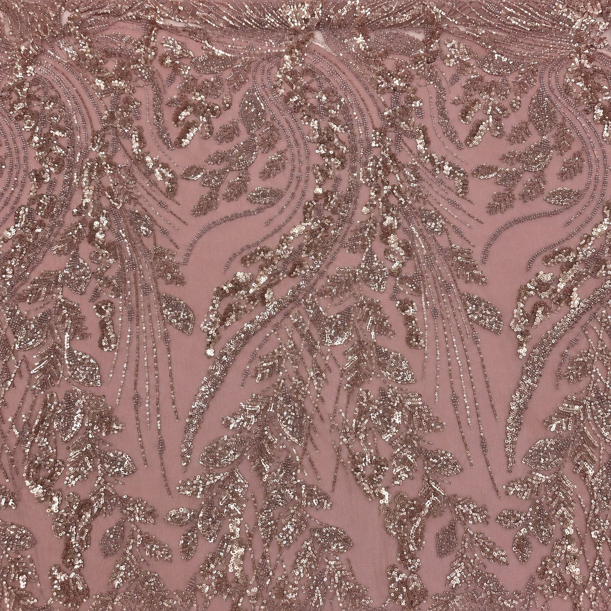 Glitzerspitze Ornamentranken Roségold auf altrosa Tüll – Stoffeya