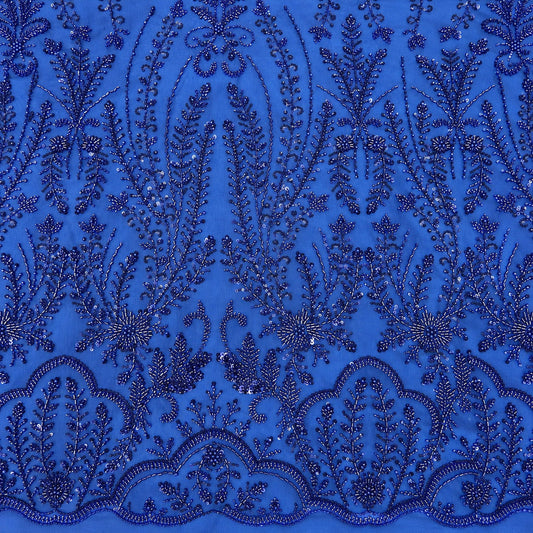 Perlen-Damastspitze Royalblau auf blauem Tüll – Stoffeya